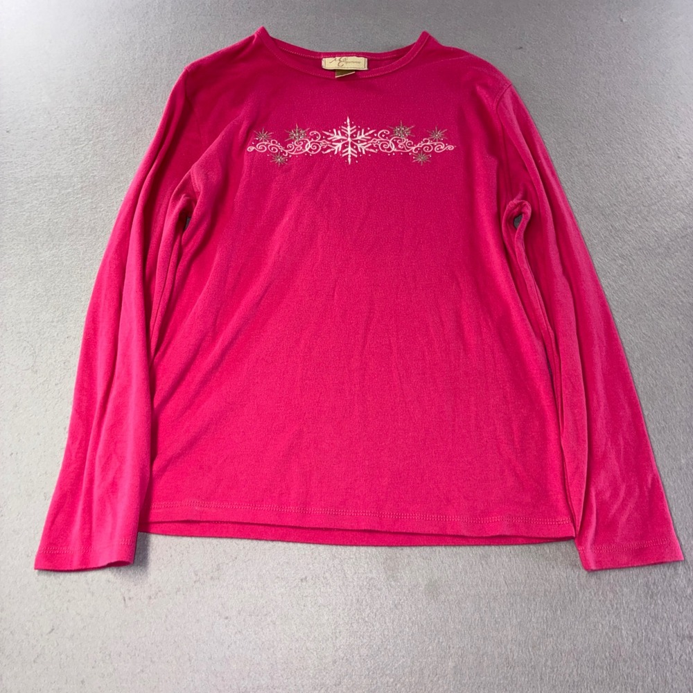 Long Sleeve Top Women Medium Pink Snowflake Glitter Graphic Tee Christmas Winter